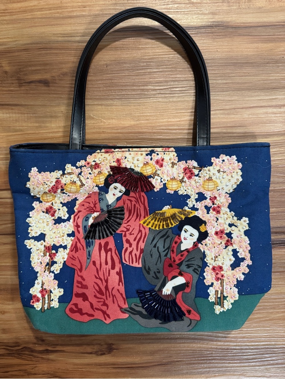 Vintage Navy Tote with Red and Yellow Geisha Embroidery
